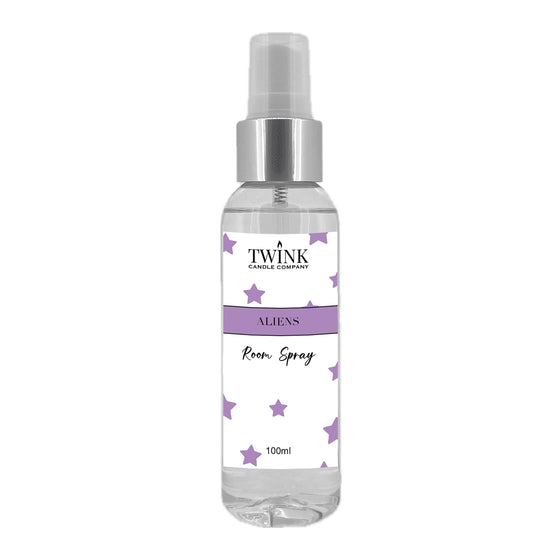 Aliens inspired room spray by Twink Candle Company, a clear 100ml bottle with a spray top and purple star label