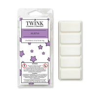 Aliens inspired 50g soy wax melt snap bar in its packet beside the unwrapped bar and its five break-apart segments