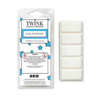Baby Bathtime 50g soy wax melt snap bar in its packet beside the unwrapped bar and its five break-apart segments