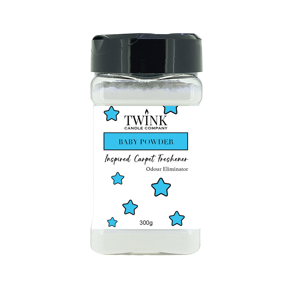 Baby Powder inspired carpet freshener by Twink Candle Company, a 300g shaker jar of odour-eliminating powder