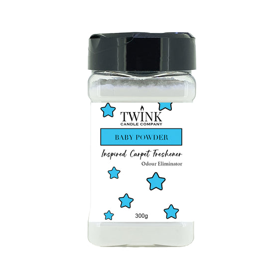 Baby Powder inspired carpet freshener by Twink Candle Company, a 300g shaker jar of odour-eliminating powder