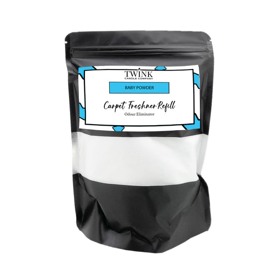 Baby Powder carpet freshener refill by Twink Candle Company, a 500g resealable pouch of odour-eliminating powder