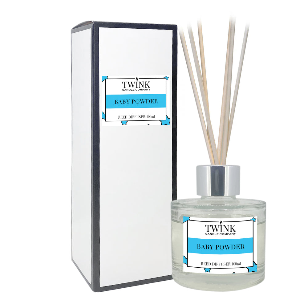 Baby Powder reed diffuser by Twink Candle Company, a 100ml glass bottle with reeds beside its gift box