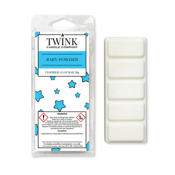 Baby Powder 50g soy wax melt snap bar in its packet beside the unwrapped bar and its five break-apart segments