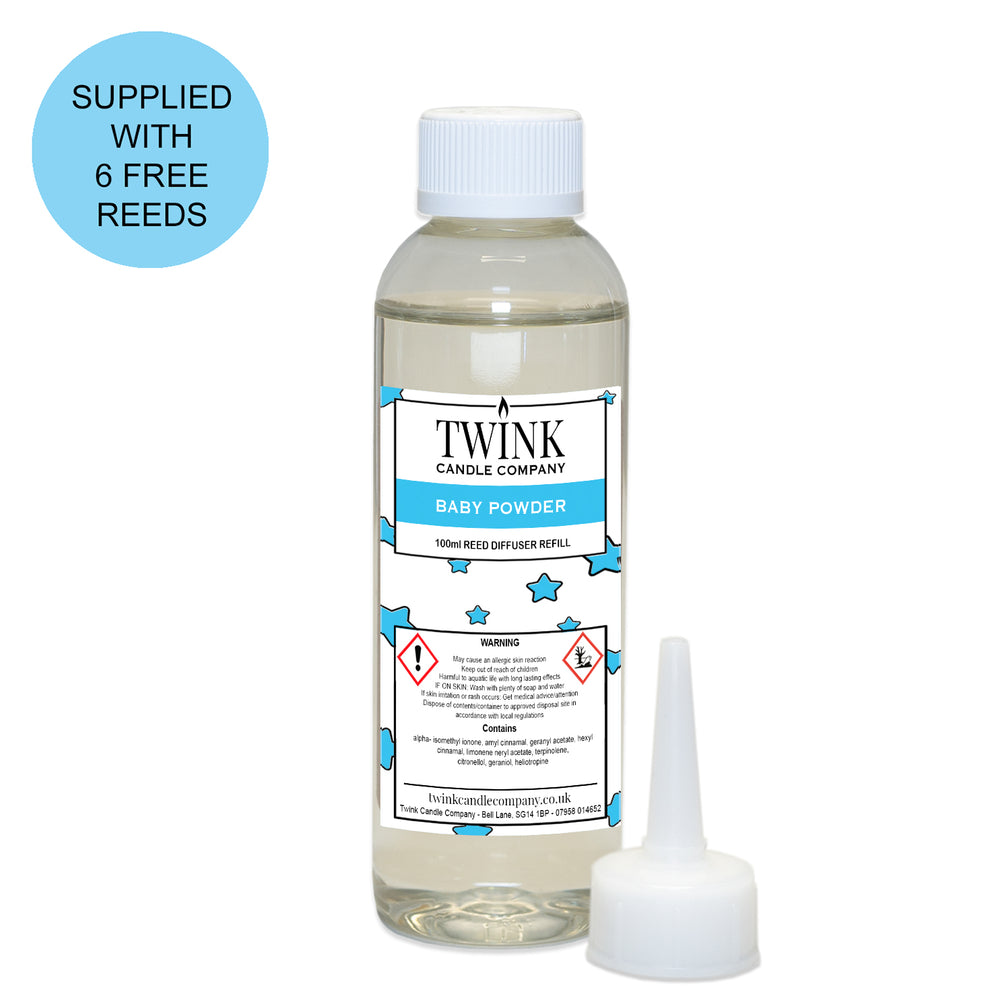 Baby Powder reed diffuser refill by Twink Candle Company, a 100ml bottle with pouring nozzle and six free reeds