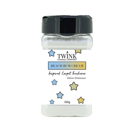 Beach Bum Cream inspired carpet freshener by Twink Candle Company, a 300g shaker jar of odour-eliminating powder