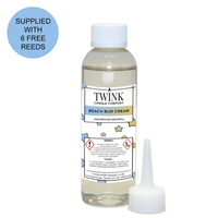 Beach Bum Cream reed diffuser refill by Twink Candle Company, a 100ml bottle with pouring nozzle and six free reeds