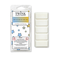 Beach Bum Cream 50g soy wax melt snap bar in its packet beside the unwrapped bar and its five break-apart segments