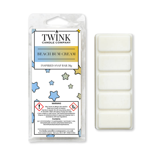 Beach Bum Cream 50g soy wax melt snap bar in its packet beside the unwrapped bar and its five break-apart segments