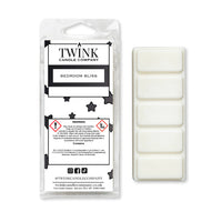Bedroom Bliss inspired 50g soy wax melt snap bar in its packet beside the unwrapped bar and its five segments
