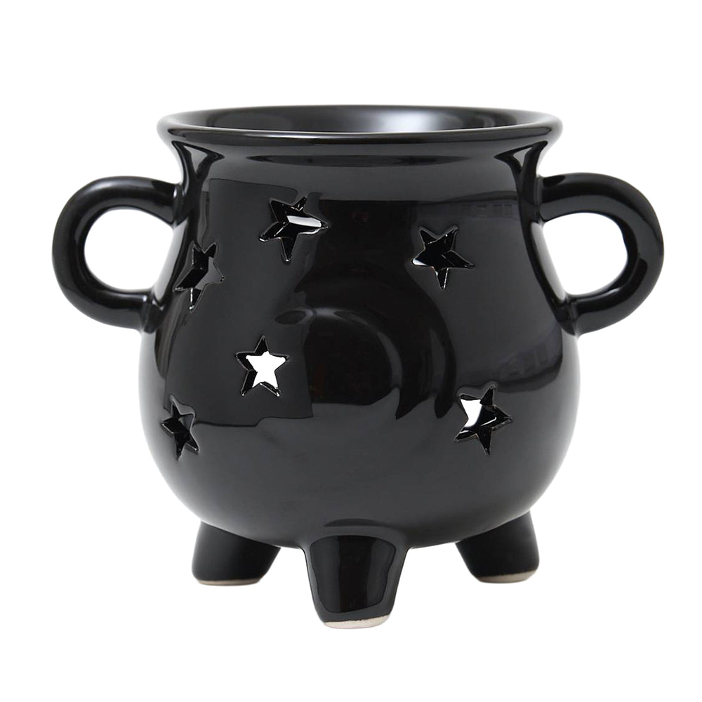 Black gloss star cauldron wax burner by Twink Candle Company, a footed cauldron with handles and star cutouts