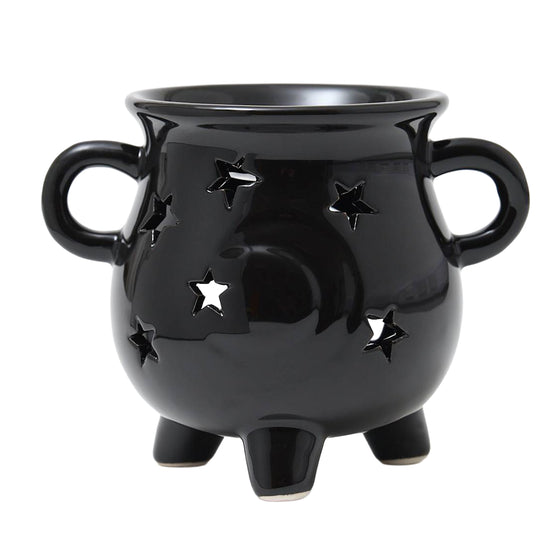 Black gloss star cauldron wax burner by Twink Candle Company, a footed cauldron with handles and star cutouts