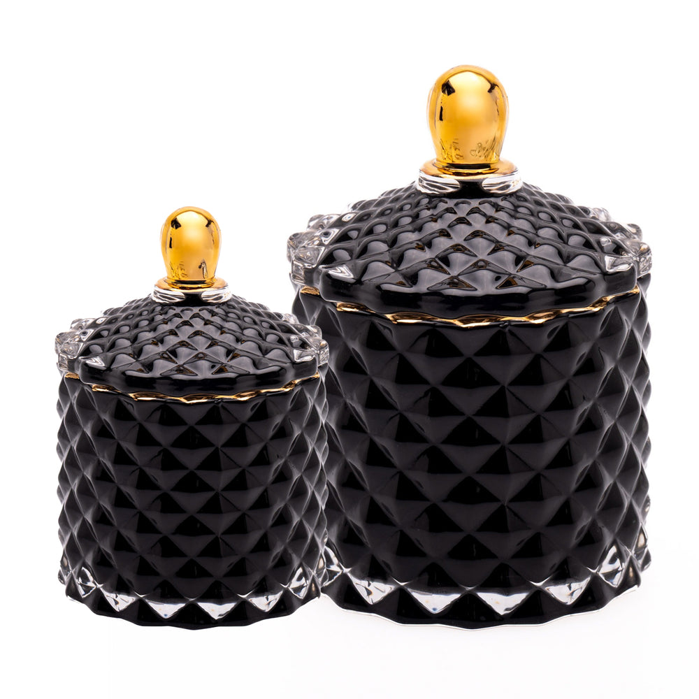 Geo candle by Twink Candle Company, two black gloss faceted candle jars with gold lids