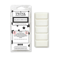 Black Orchid inspired 50g soy wax melt snap bar in its packet beside the unwrapped bar and its five break-apart segments