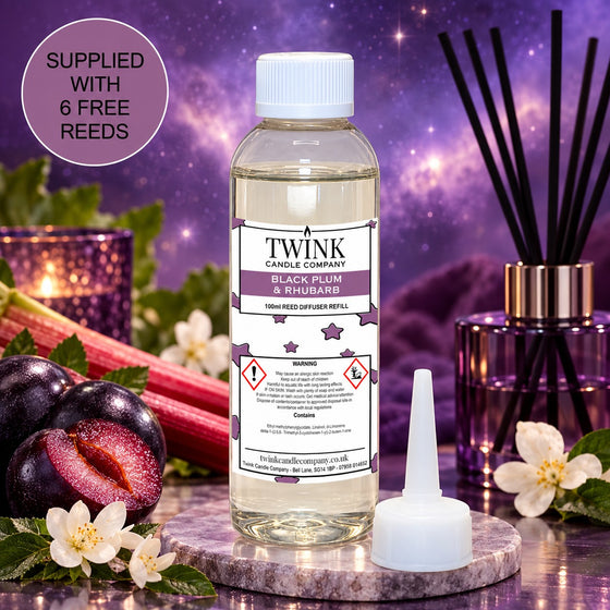 Black Plum & Rhubarb reed diffuser refill by Twink Candle Company, a 100ml bottle with rich plums and rhubarb