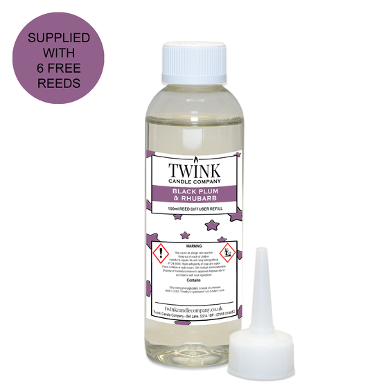 Black Plum & Rhubarb reed diffuser refill by Twink Candle Company, a 100ml bottle with pouring nozzle and six free reeds