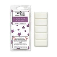Black Plum & Rhubarb 50g soy wax melt snap bar in its packet beside the unwrapped bar and its five break-apart segments