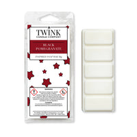 Black Pomegranate 50g soy wax melt snap bar in its packet beside the unwrapped bar and its five break-apart segments