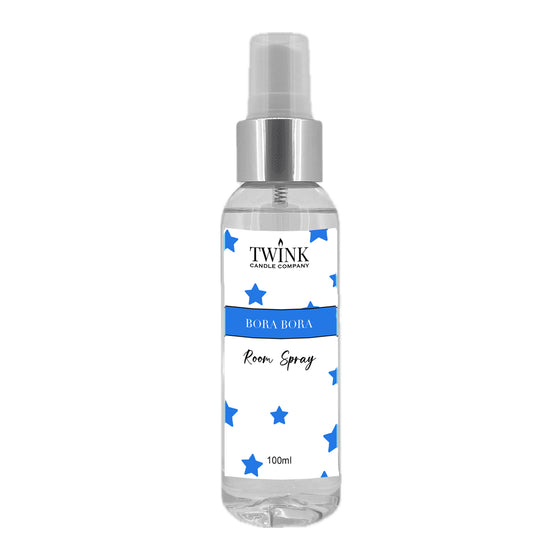 Bora Bora room spray by Twink Candle Company, a clear 100ml bottle with a spray top and blue star label