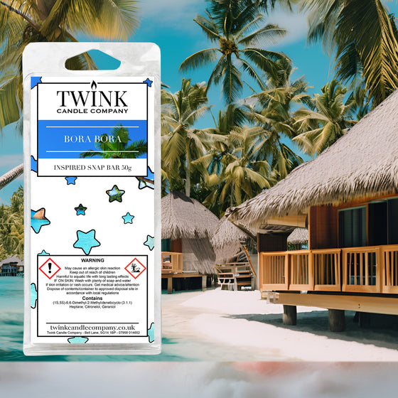 Bora Bora inspired soy wax melt snap bar by Twink Candle Company, with thatched overwater huts and palm trees
