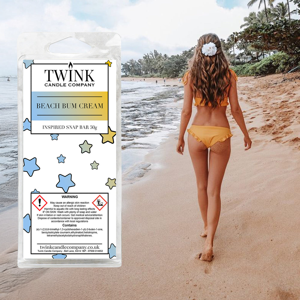 Beach Bum Cream soy wax melt snap bar by Twink Candle Company, with a woman walking along a tropical beach
