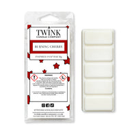 Burning Cherry 50g soy wax melt snap bar in its packet beside the unwrapped bar and its five break-apart segments
