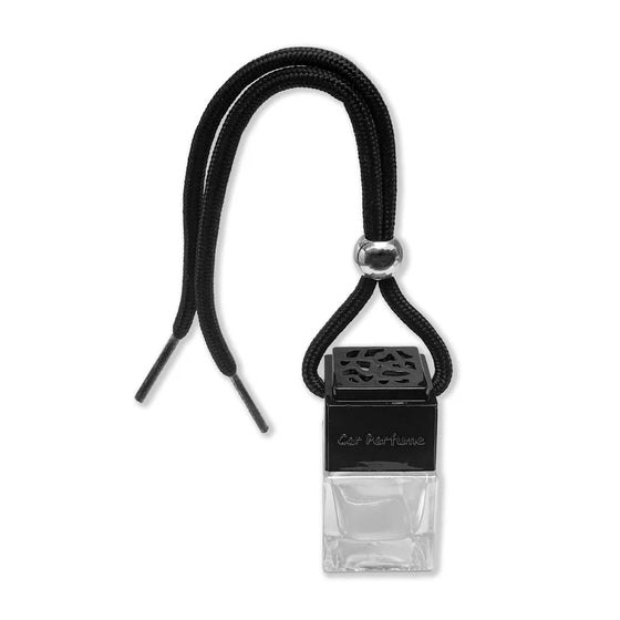 Beach Bum Cream car diffuser by Twink Candle Company, a clear glass bottle with a black cap and cord hanger