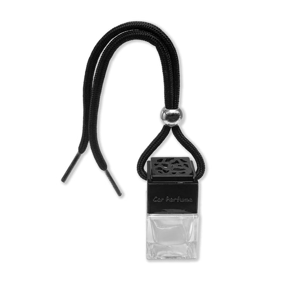 Rich Leather & Tobacco car diffuser by Twink Candle Company, a clear glass bottle with a black cap and cord hanger