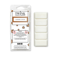 Caramel Dates inspired 50g soy wax melt snap bar in its packet beside the unwrapped bar and its five segments