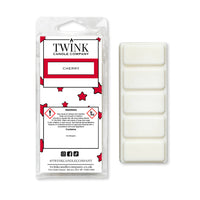 Cherry inspired 50g soy wax melt snap bar in its packet beside the unwrapped bar and its five break-apart segments