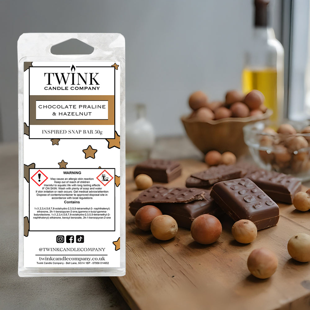 Chocolate Praline & Hazelnut soy wax melt snap bar by Twink Candle Company, with chocolate pieces and whole hazelnuts