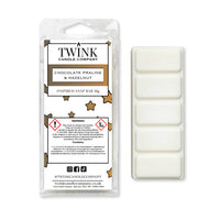 Chocolate Praline & Hazelnut 50g soy wax melt snap bar in its packet beside the unwrapped bar and its five segments