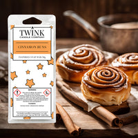 Cinnamon Buns inspired soy wax melt snap bar by Twink Candle Company, with fresh cinnamon buns and cinnamon sticks