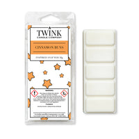 Cinnamon Buns inspired 50g soy wax melt snap bar in its packet beside the unwrapped bar and its five break-apart segments