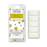 Citronella 50g soy wax melt snap bar in its packet beside the unwrapped bar and its five break-apart segments