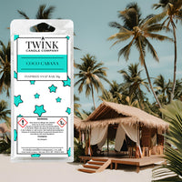 Coco Cabana inspired soy wax melt snap bar by Twink Candle Company, with a thatched beach cabana and palm trees