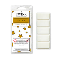 Coconut inspired 50g soy wax melt snap bar in its packet beside the unwrapped bar and its five break-apart segments