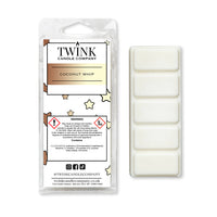 Coconut Whip inspired 50g soy wax melt snap bar in its packet beside the unwrapped bar and its five segments