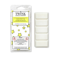 Coconut & Lemongrass inspired 50g soy wax melt snap bar in its packet beside the unwrapped bar and its five segments