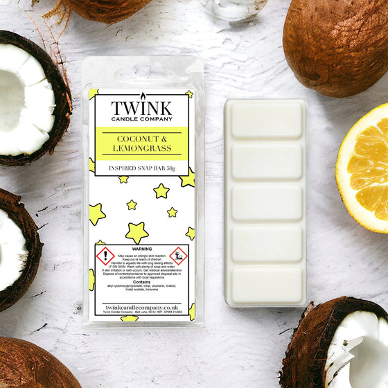 Coconut & Lemongrass inspired soy wax melt snap bar by Twink Candle Company, with the unwrapped bar, coconut halves and lemon