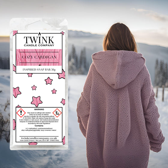 Cosy Cardigan soy wax melt snap bar by Twink Candle Company, styled in a soft, snuggly autumn setting