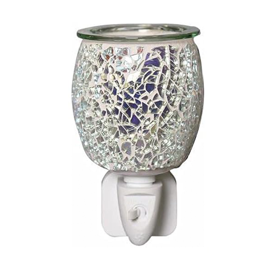 Silver mosaic glass plug-in wax and oil burner by Twink Candle Company, shown lit