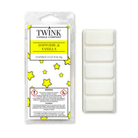 Daffodil & Vanilla inspired 50g soy wax melt snap bar in its packet beside the unwrapped bar and its five segments