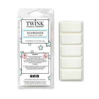 Diamonds (Jewels of Dubai) inspired 50g soy wax melt snap bar in its packet beside the unwrapped bar and its five segments