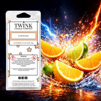 Energise inspired soy wax melt snap bar by Twink Candle Company, with orange and lime slices and a burst of light