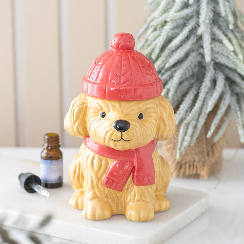 Winter puppy ceramic wax/oil burner with red scarf and bobble hat by Twink Candle Company