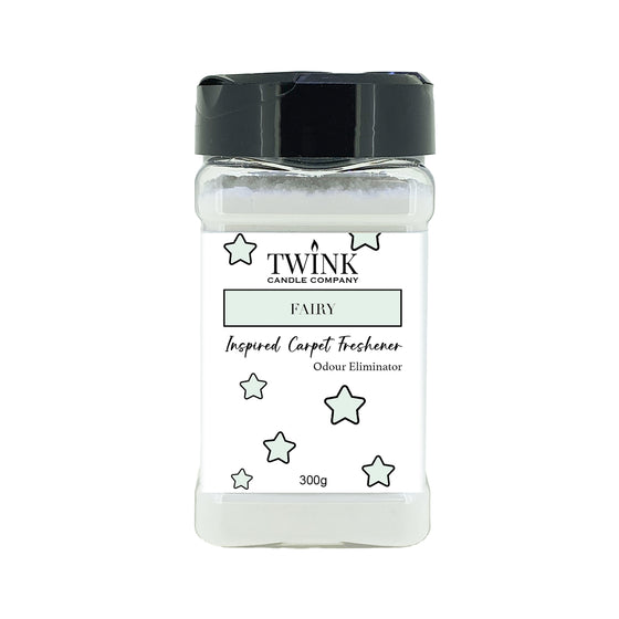 Fairy inspired carpet freshener by Twink Candle Company, a 300g shaker jar of odour-eliminating powder