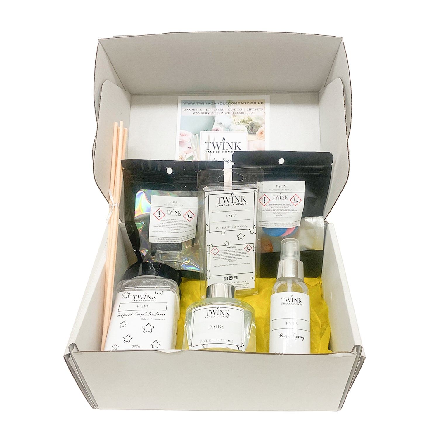 Fairy inspired 6-piece home fragrance gift set with powdery floral rose and jasmine scent