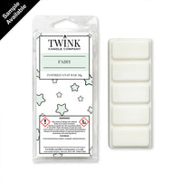 Fairy inspired 50g soy wax melt snap bar shown in its packet and unwrapped, with the five white break-apart segments