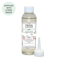 Fairy reed diffuser refill by Twink Candle Company, a 100ml bottle with pouring nozzle and six free reeds